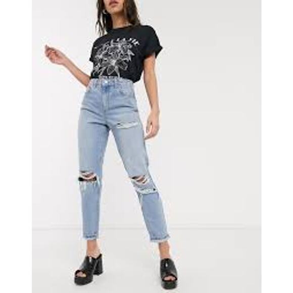 Topshop Super-Rip Distressed Mom Jeans Bleach High Rise Button Fly 28 Light Wash - Picture 1 of 10